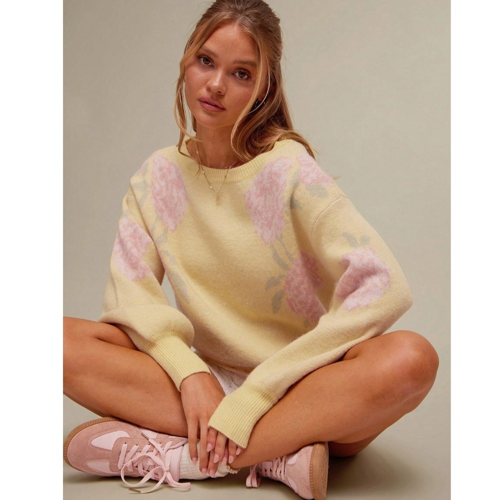 Floral Print Yellow Knit Round Neck Long Sleeve Pullover Sweater